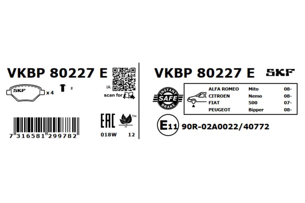 Juego de 4 pastillas de freno (Almohadilla de freno) SKF ref. VKBP 80227 E